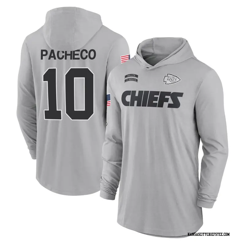 Men's Kansas City Chiefs ＃10 Isiah Pacheco Gray 2024 Salute to Service Lightweight Performance Long Sleeve Hooded T-Shirt