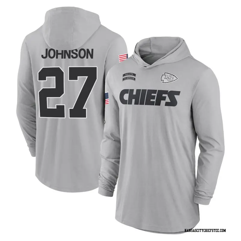 Men's Kansas City Chiefs ＃27 Larry Johnson Gray 2024 Salute to Service Lightweight Performance Long Sleeve Hooded T-Shirt