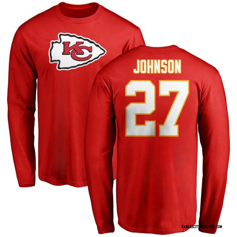 Men's Kansas City Chiefs ＃27 Larry Johnson Red Name & Number Logo Long Sleeve T-Shirt