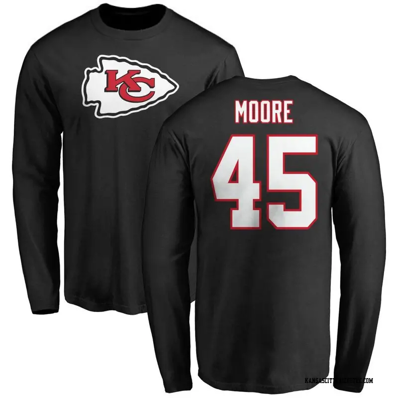 Men's Kansas City Chiefs ＃45 Isaiah Moore Black Name & Number Logo Long Sleeve T-Shirt