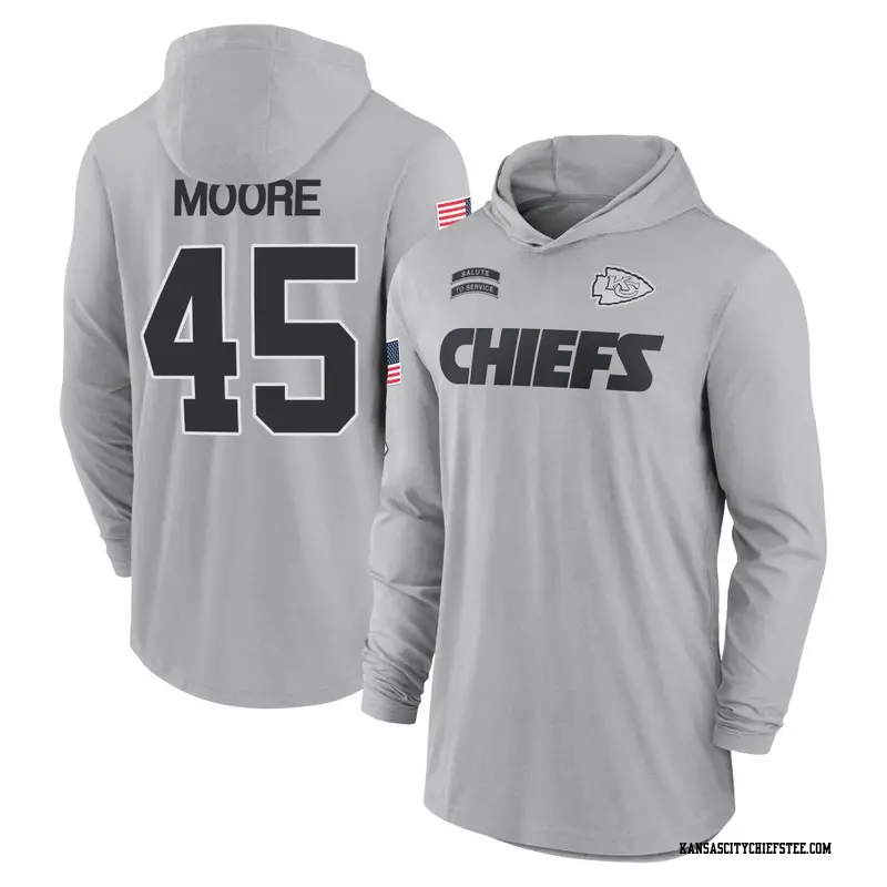 Men's Kansas City Chiefs ＃45 Isaiah Moore Gray 2024 Salute to Service Lightweight Performance Long Sleeve Hooded T-Shirt