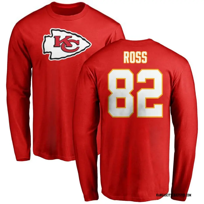 Men's Kansas City Chiefs ＃82 Justyn Ross Red Name & Number Logo Long Sleeve T-Shirt