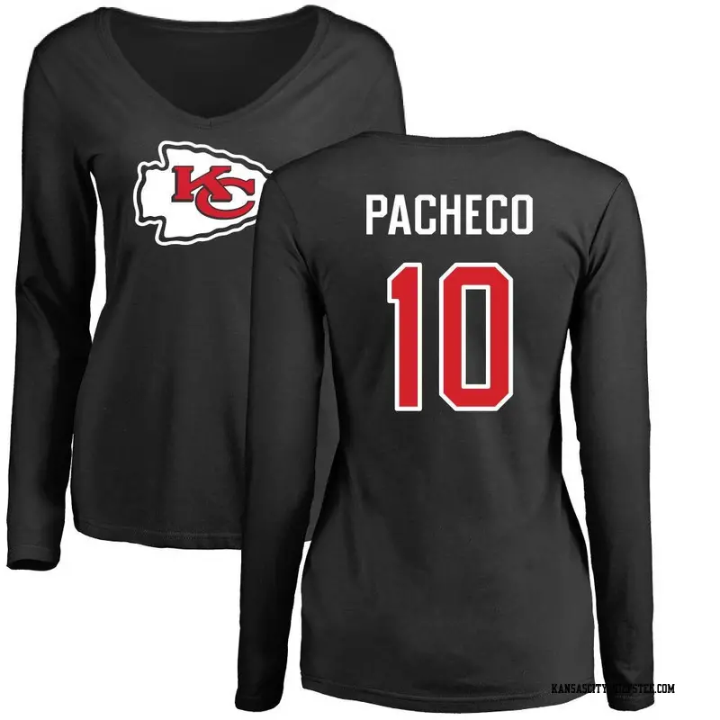 Women's Kansas City Chiefs ＃10 Isiah Pacheco Black Name & Number Logo Slim Fit Long Sleeve T-Shirt