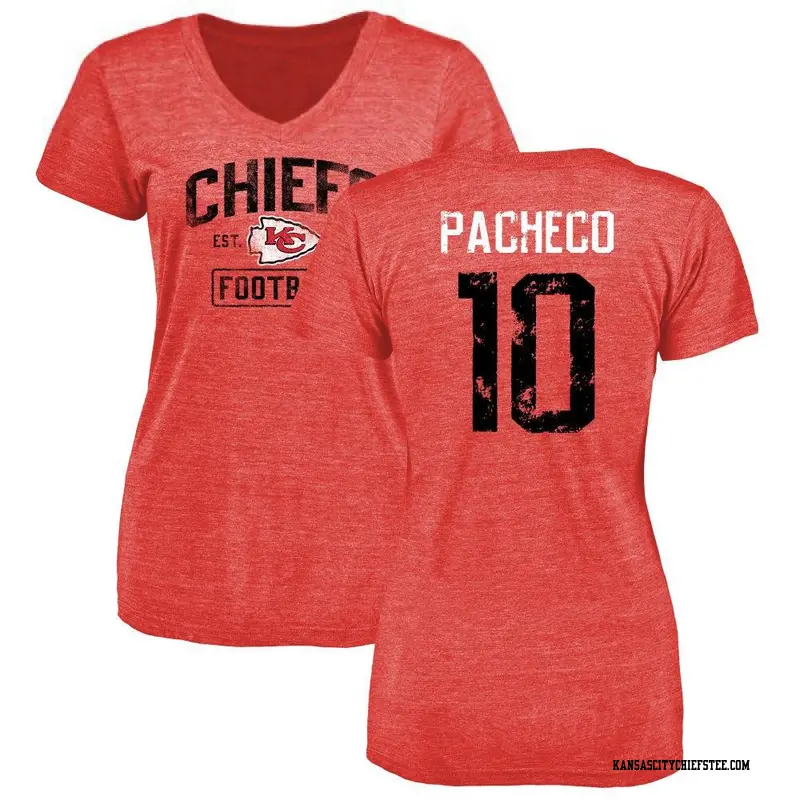 Women's Kansas City Chiefs ＃10 Isiah Pacheco Red Distressed Name & Number V-Neck T-Shirt