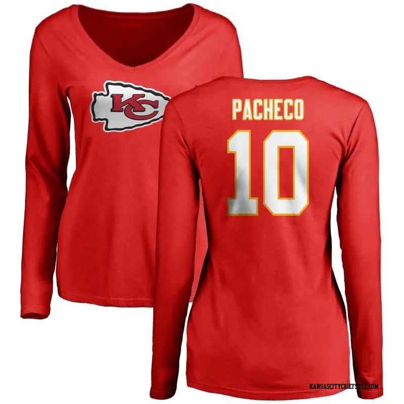 Women's Kansas City Chiefs ＃10 Isiah Pacheco Red Name & Number Logo Slim Fit Long Sleeve T-Shirt