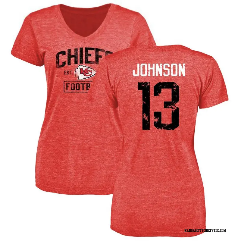 Women's Kansas City Chiefs ＃13 Nazeeh Johnson Red Distressed Name & Number V-Neck T-Shirt