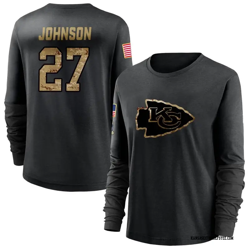 Women's Kansas City Chiefs ＃27 Larry Johnson Black 2020 Salute To Service Sideline Performance Long Sleeve T-Shirt