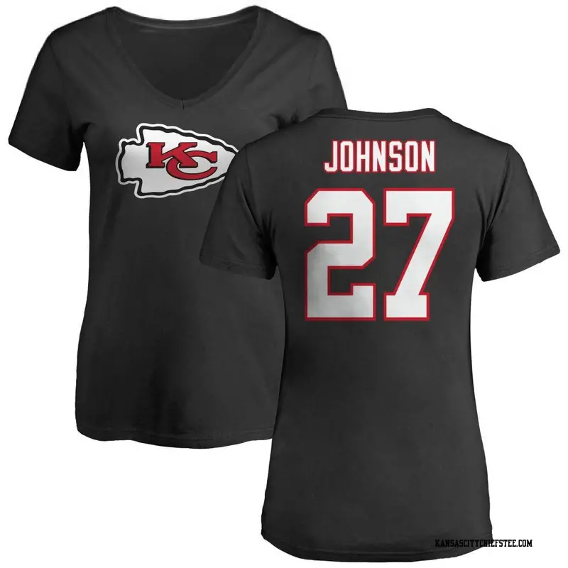 Women's Kansas City Chiefs ＃27 Larry Johnson Black Name & Number Logo Slim Fit T-Shirt