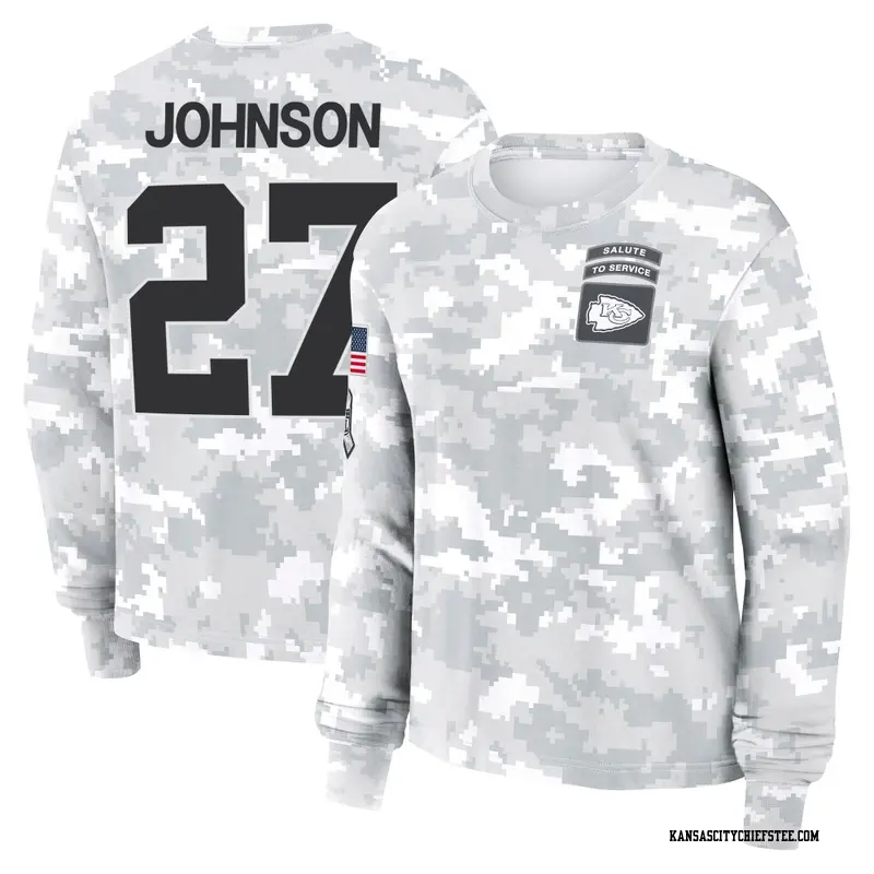 Women's Kansas City Chiefs ＃27 Larry Johnson Camo Arctic 2024 Salute to Service Long Sleeve T-Shirt
