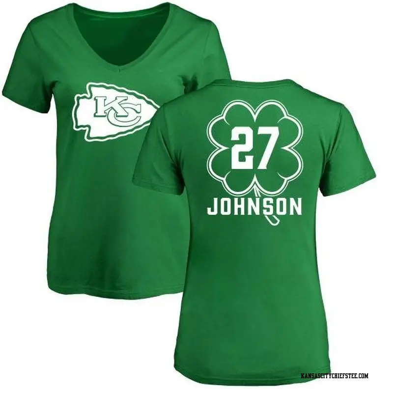 Women's Kansas City Chiefs ＃27 Larry Johnson Green St. Patrick's Day Name & Number V-Neck T-Shirt