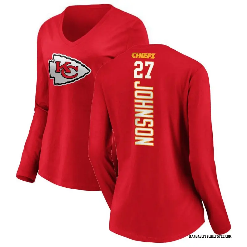 Women's Kansas City Chiefs ＃27 Larry Johnson Red Backer Slim Fit Long Sleeve T-Shirt