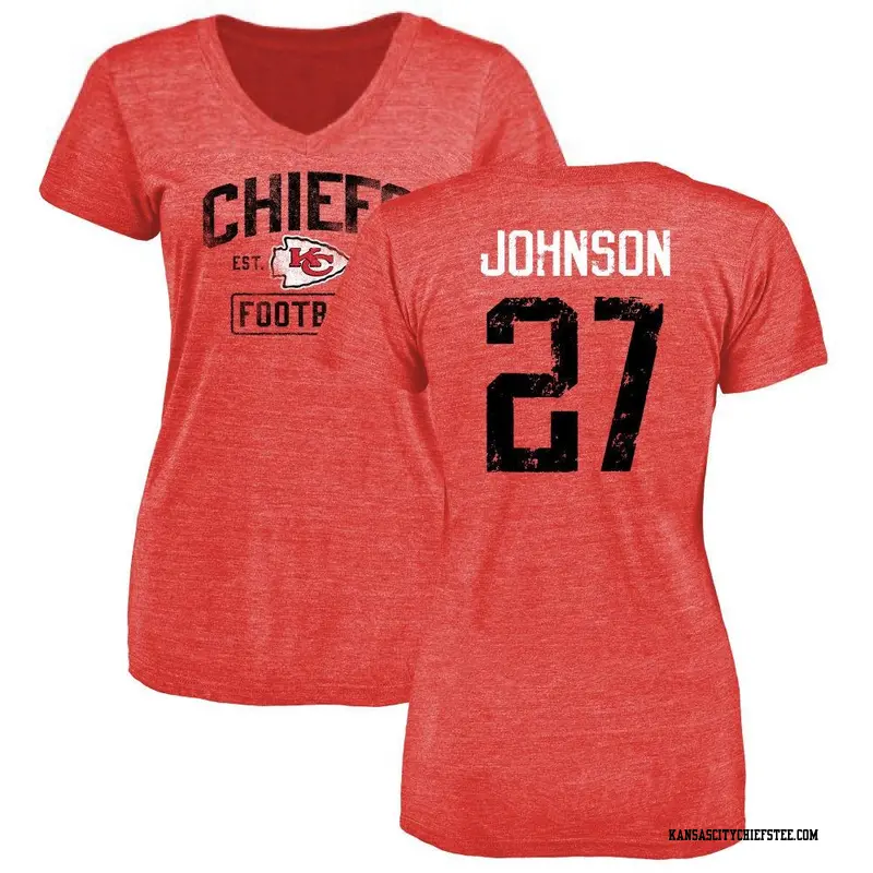 Women's Kansas City Chiefs ＃27 Larry Johnson Red Distressed Name & Number V-Neck T-Shirt