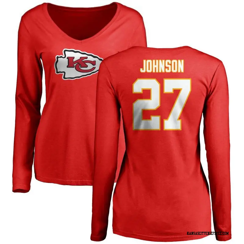 Women's Kansas City Chiefs ＃27 Larry Johnson Red Name & Number Logo Slim Fit Long Sleeve T-Shirt
