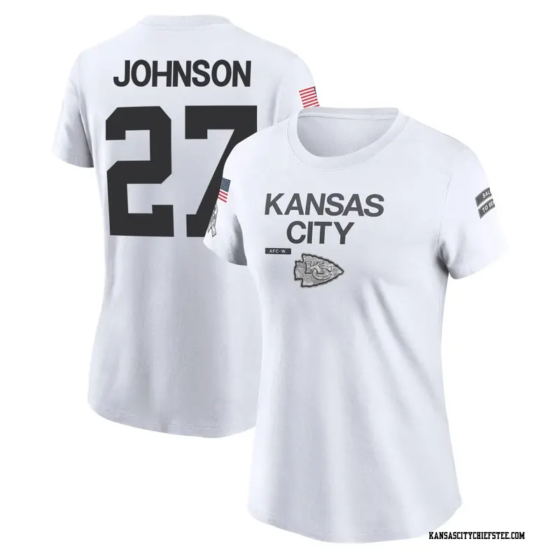 Women's Kansas City Chiefs ＃27 Larry Johnson White 2024 Salute to Service Performance T-Shirt