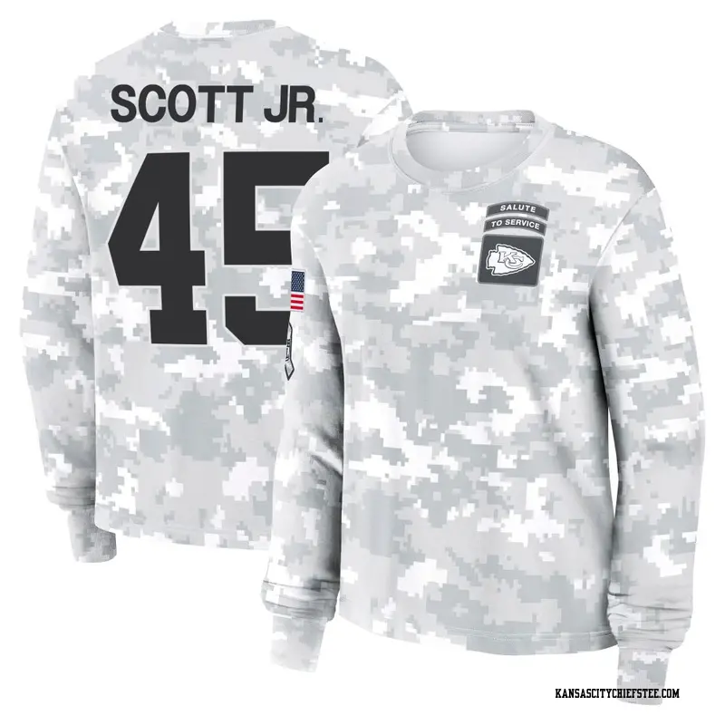Women's Kansas City Chiefs ＃45 Eric Scott Jr. Camo Arctic 2024 Salute to Service Long Sleeve T-Shirt