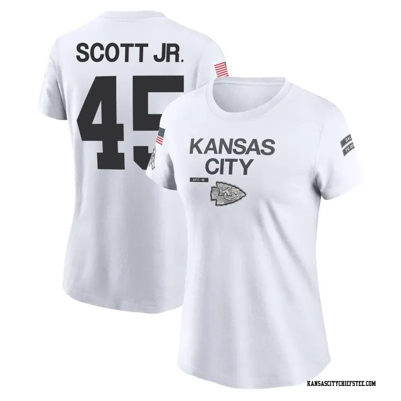 Women's Kansas City Chiefs ＃45 Eric Scott Jr. White 2024 Salute to Service Performance T-Shirt