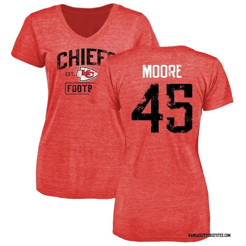 Women's Kansas City Chiefs ＃45 Isaiah Moore Red Distressed Name & Number V-Neck T-Shirt