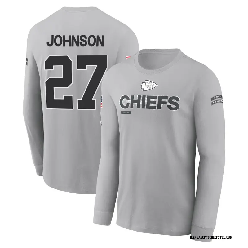 Youth Kansas City Chiefs ＃27 Larry Johnson Gray 2024 Salute to Service Long Sleeve T-Shirt
