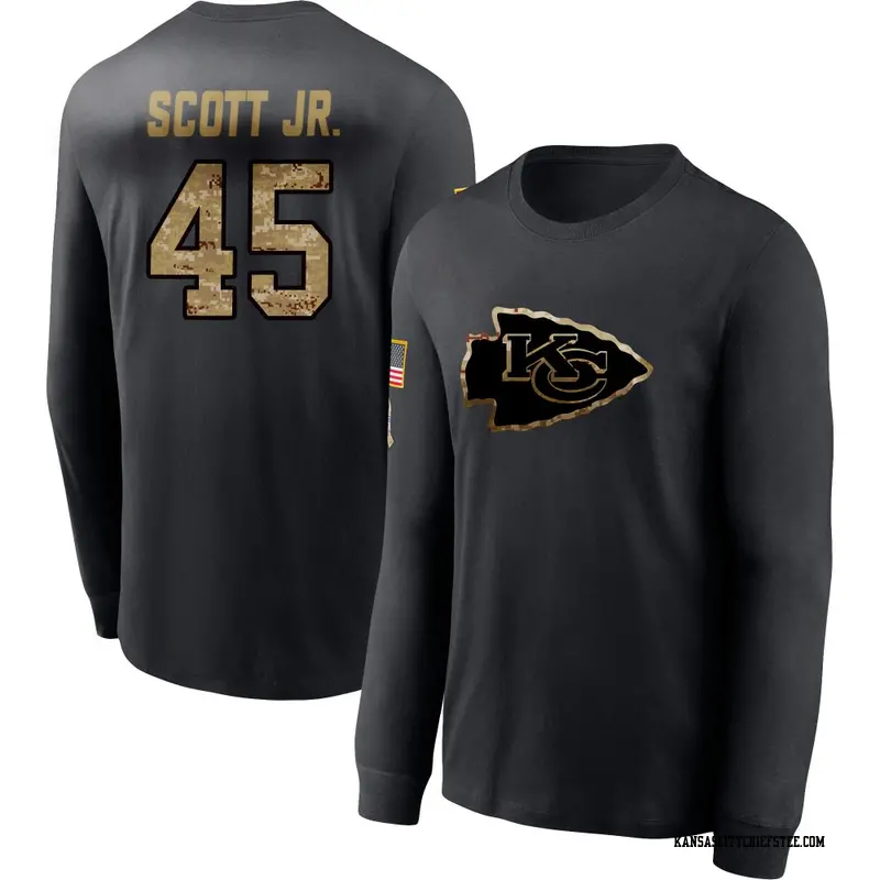 Youth Kansas City Chiefs ＃45 Eric Scott Jr. Black 2020 Salute To Service Sideline Performance Long Sleeve T-Shirt